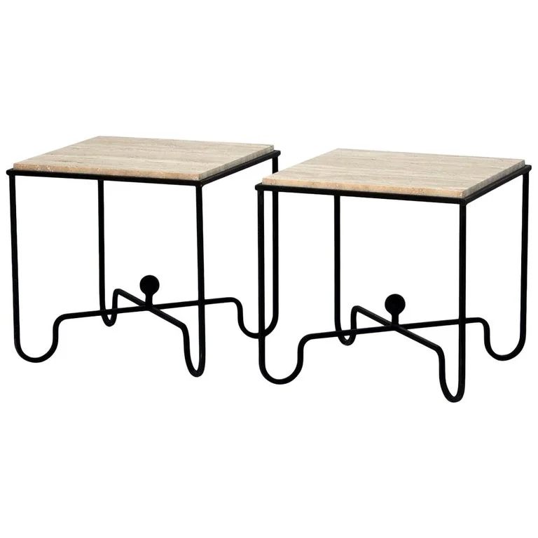 Pair of 'Entretoise' wrought iron and travertine table
