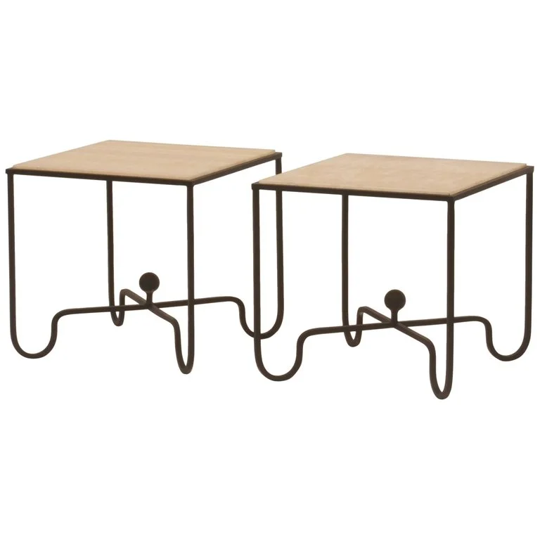 Pair of 'Entretoise' Wrought Iron and Onyx Tables