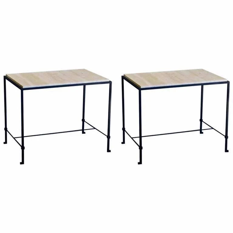 Pair of 'Diagramme' Wrought Iron and Travertine Side Tables by Design Frères
