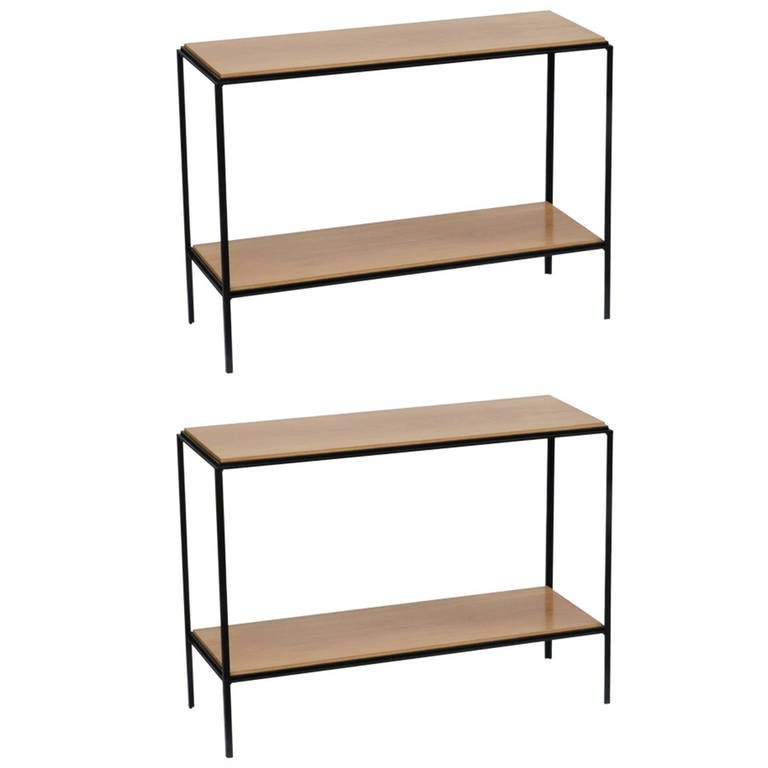 Pair of 'Rectiligne' Narrow Iron and Oak End Tables