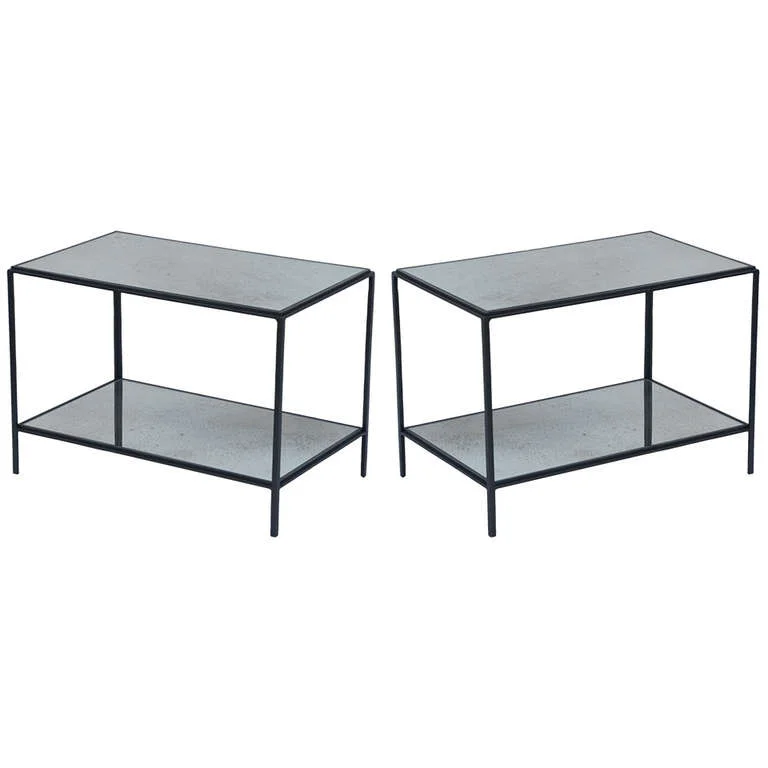 Pair of 'Rectiligne' Wrought Iron and Mirror End Tables