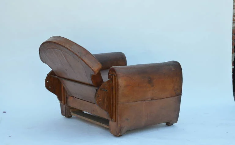 Exceptional Aged Leather French Art Deco Adjustable Club Chair