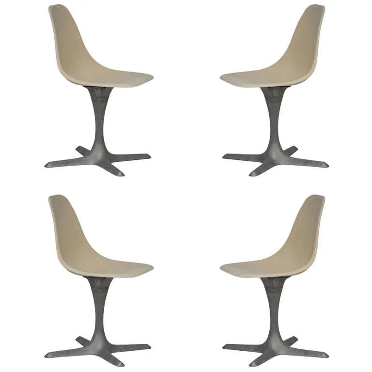 Set Of 4 American 70's Brushed Aluminum And Eggshell Chairs
