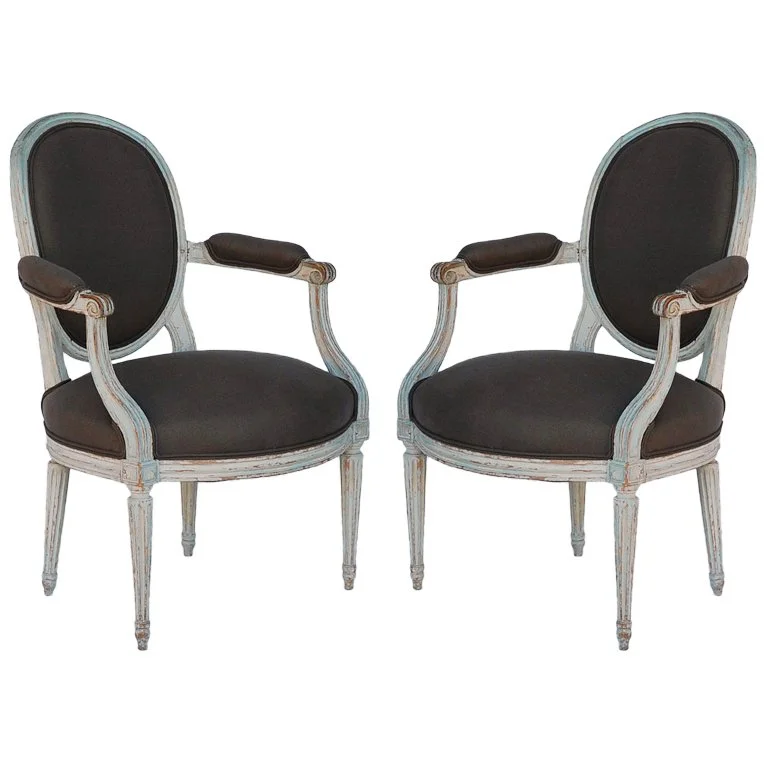 Pair of 18th century period Louis XVI whitewashed "medaillon" armchairs