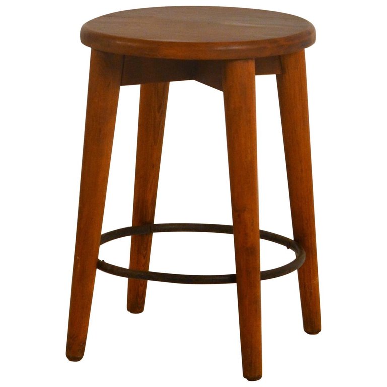 Patinated Oak Stool in the style of Les Artisans de Marolles