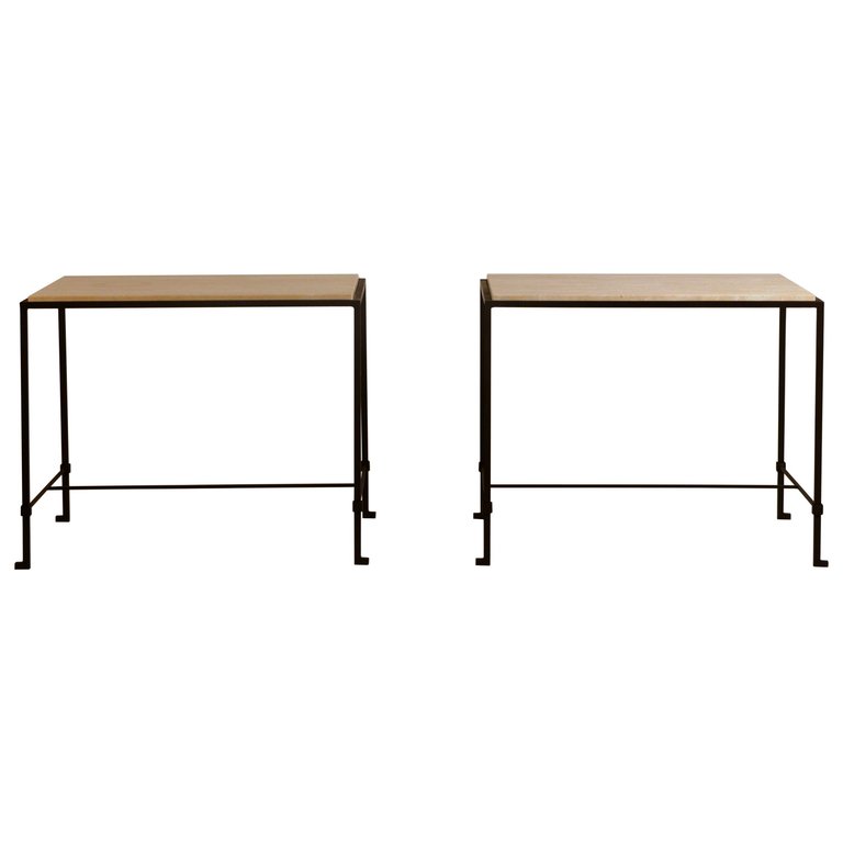 Pair of 'Diagramme' Wrought Iron and Travertine Side Tables by Design Frères
