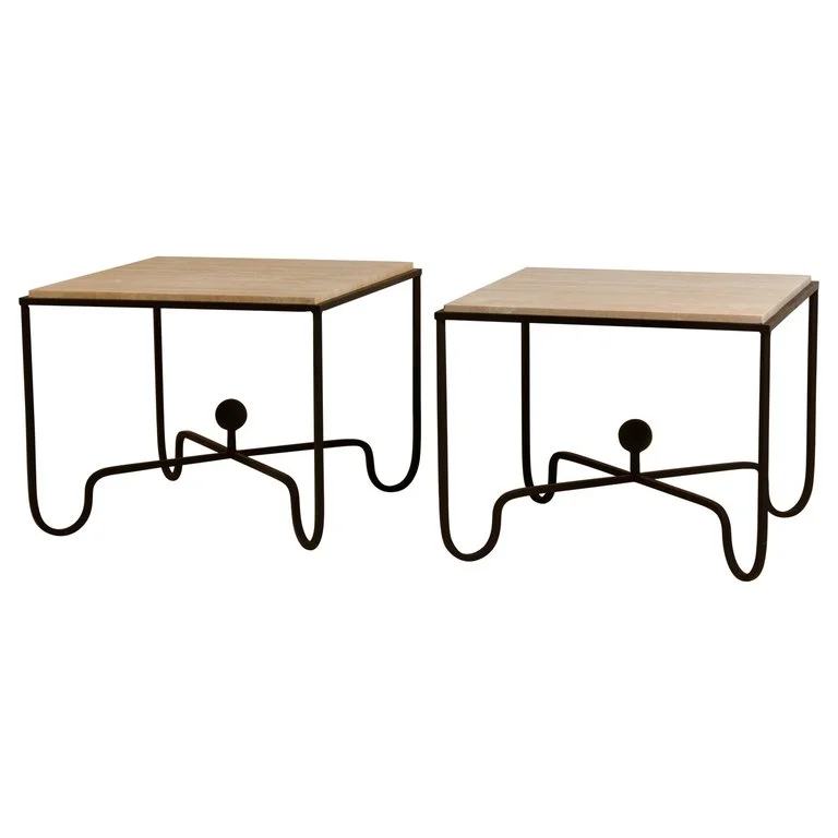 Pair of Large 'Entretoise' Cream Travertine side tables by Design Freres