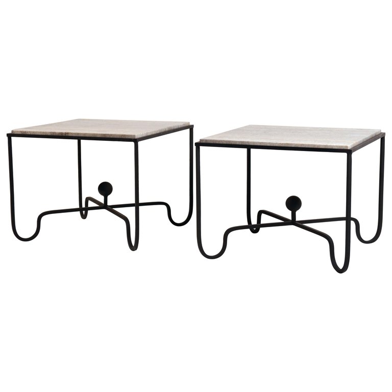 Pair of Large 'Entretoise' Silver Travertine Side tables by Design Frères