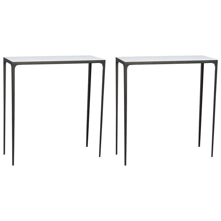 Pair of 'Esquisse' Wrought Iron and Parchment Consoles