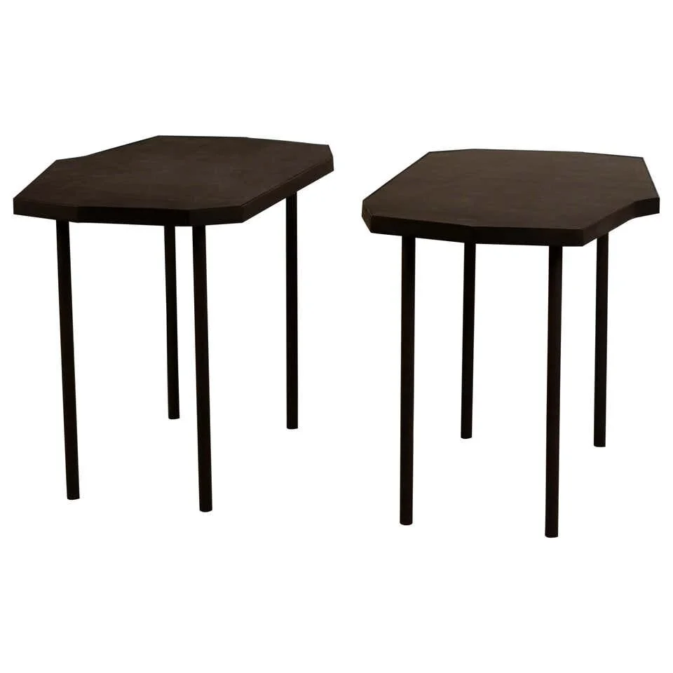 Pair of Asymmetrical 'Décagone' Black Leather Side Tables by Design Frères
