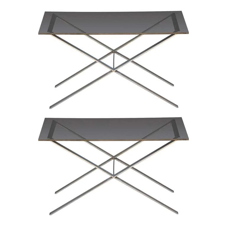 Pair of minimalistic stainless steel and glass side tables