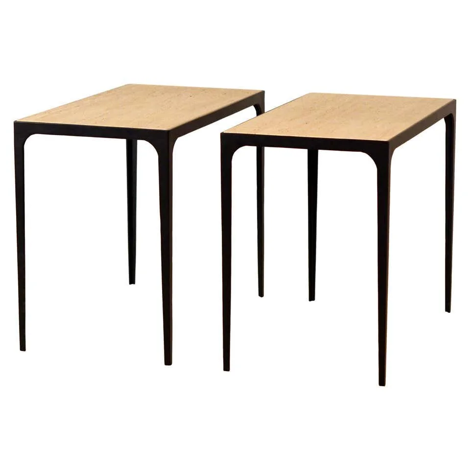 Pair of Chic 'Esquisse' Cream Travertine Side Tables by Design Frères