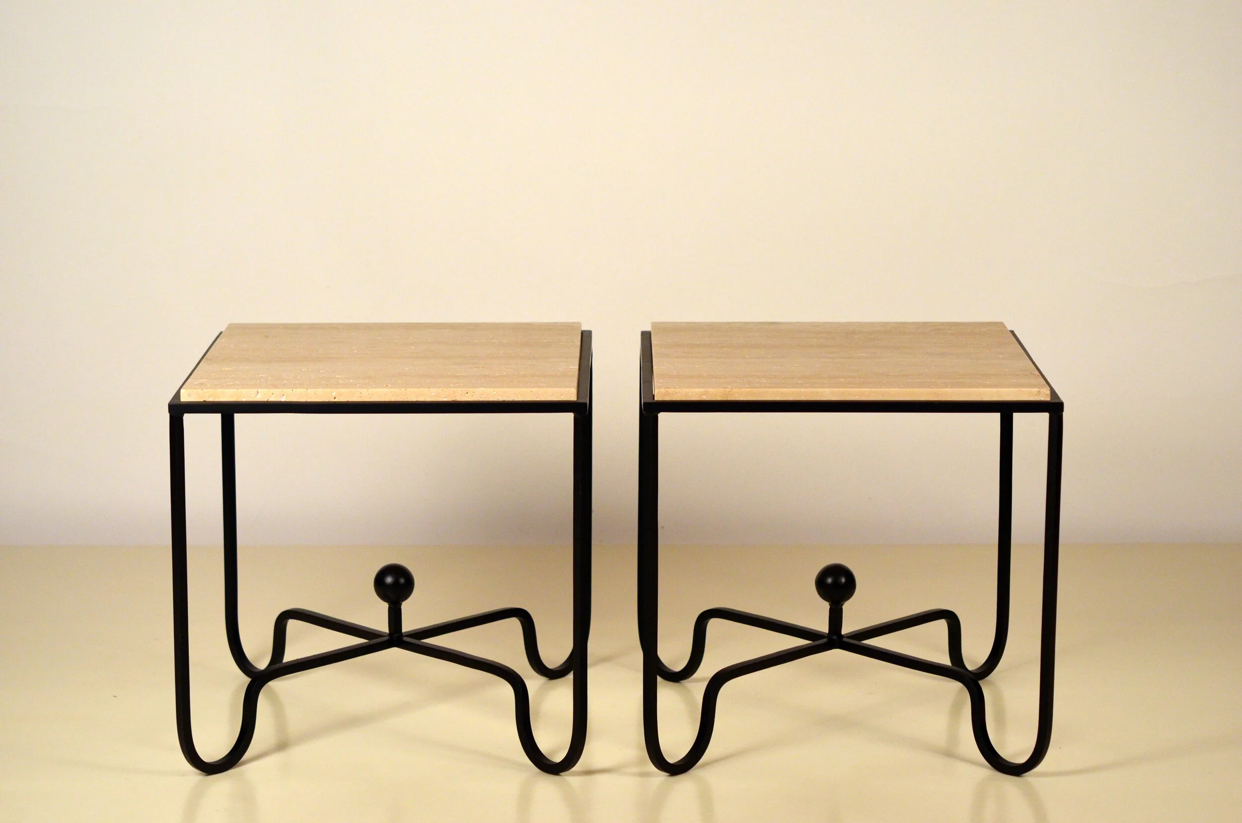 Pair of Wrought Iron and Travertine 'Entretoise' Side Tables by Design