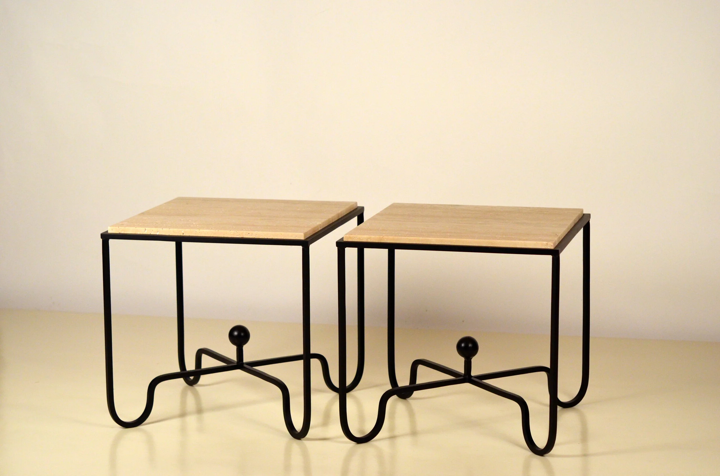 Pair of Wrought Iron and Travertine 'Entretoise' Side Tables by Design