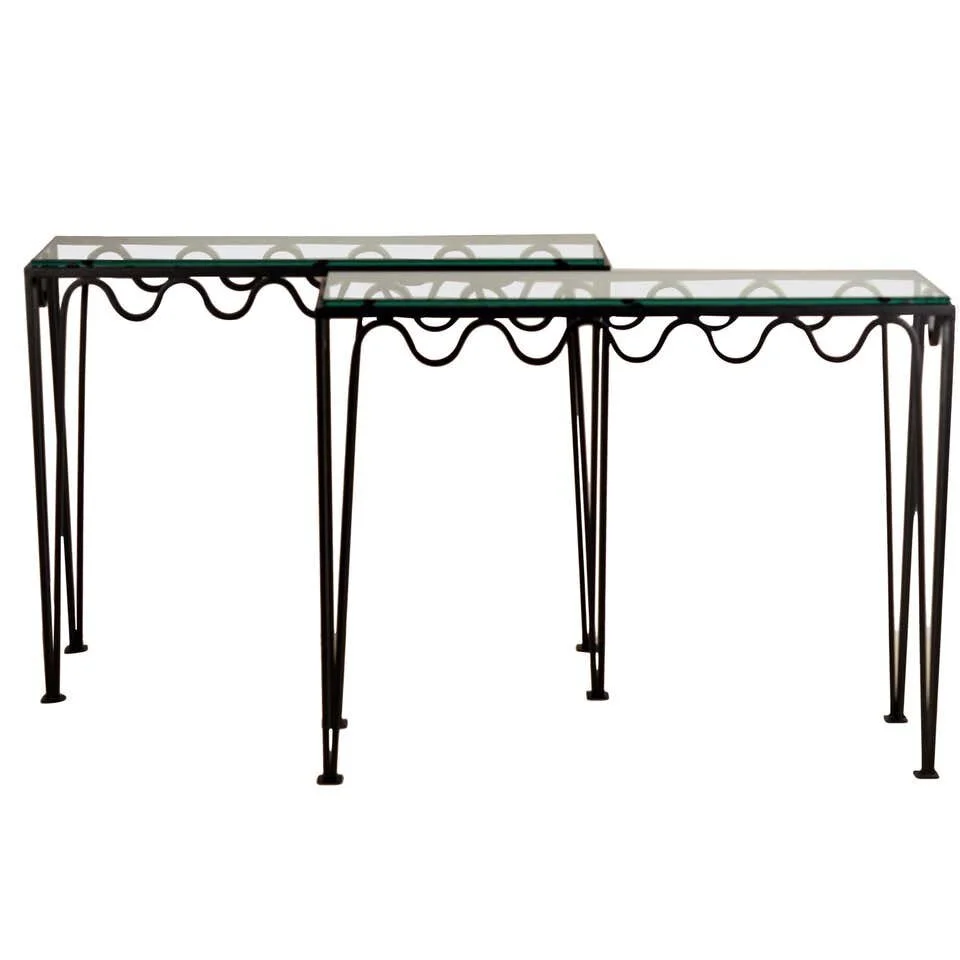 Pair of Undulating 'Méandre' Wrought Iron and Glass Consoles by Design Frères