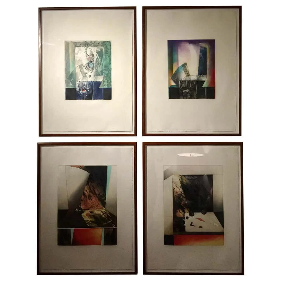 Set of 4 Signed Abstract Intaglio Prints by Kazuko Watanabe, Framed.