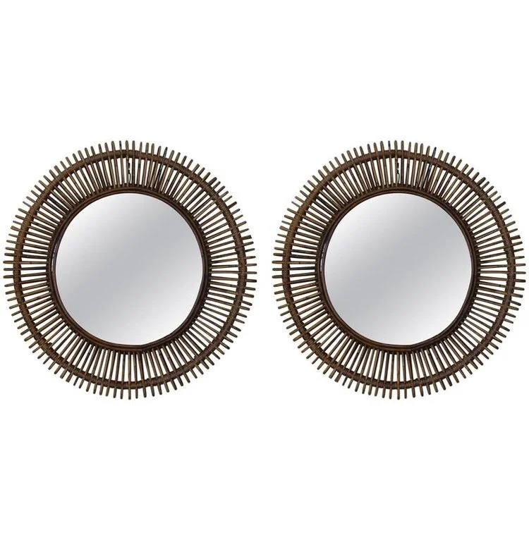 Pair of 'Oculus' Round Rattan Convex Mirrors