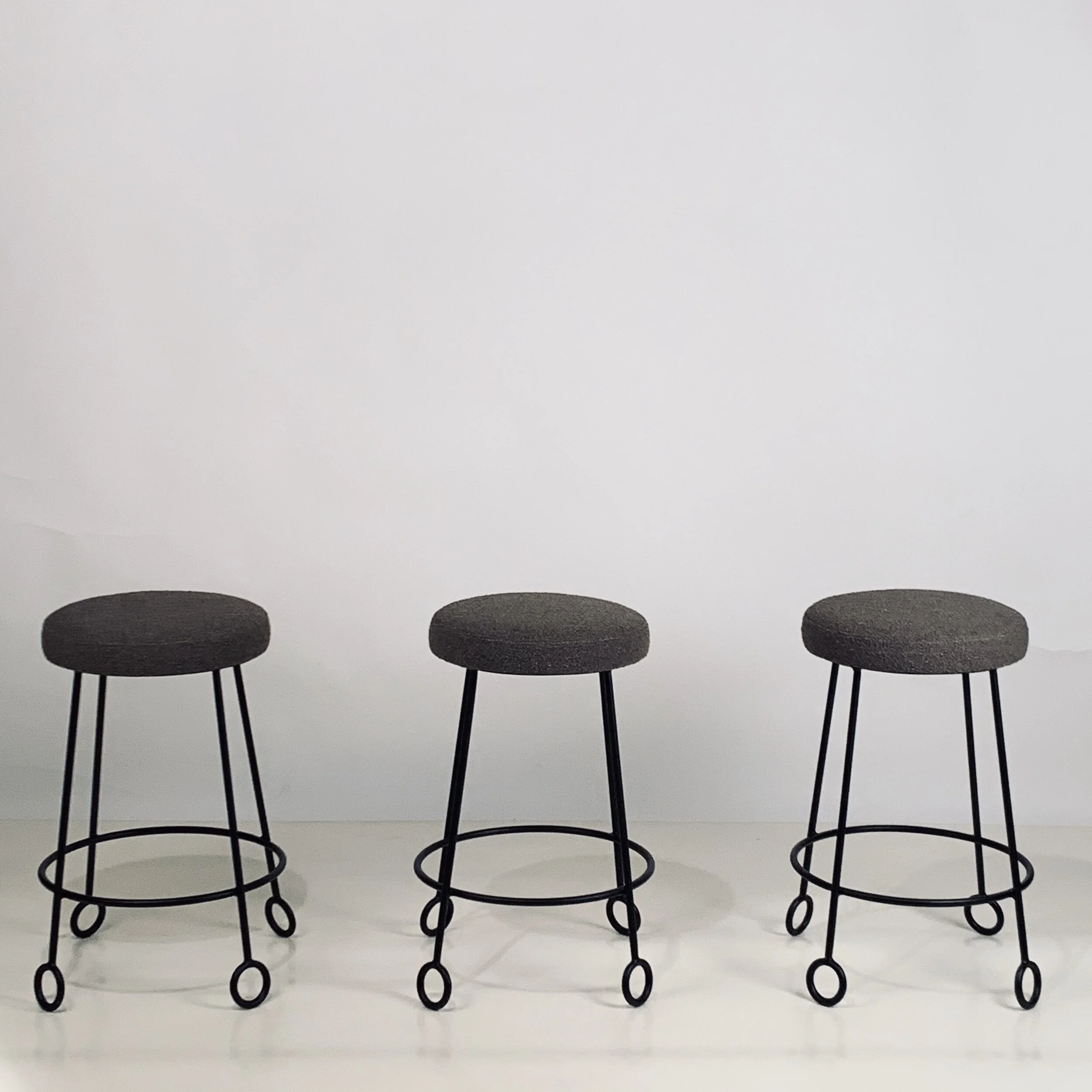 Set of 3 Chic Wrought Iron and Boucle Counter Stools — Blend Interiors
