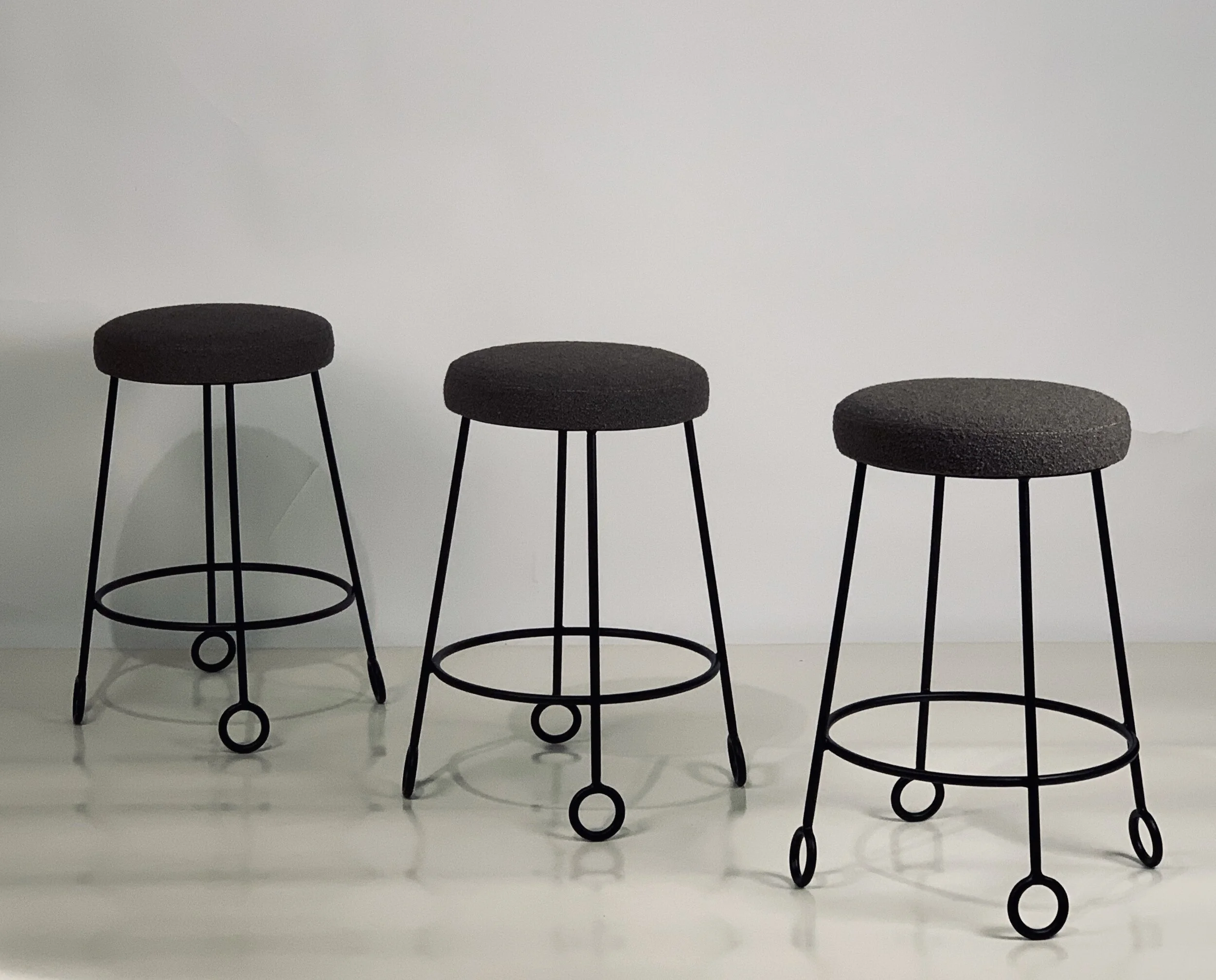 Set of 3 Chic Wrought Iron and Boucle Counter Stools — Blend Interiors