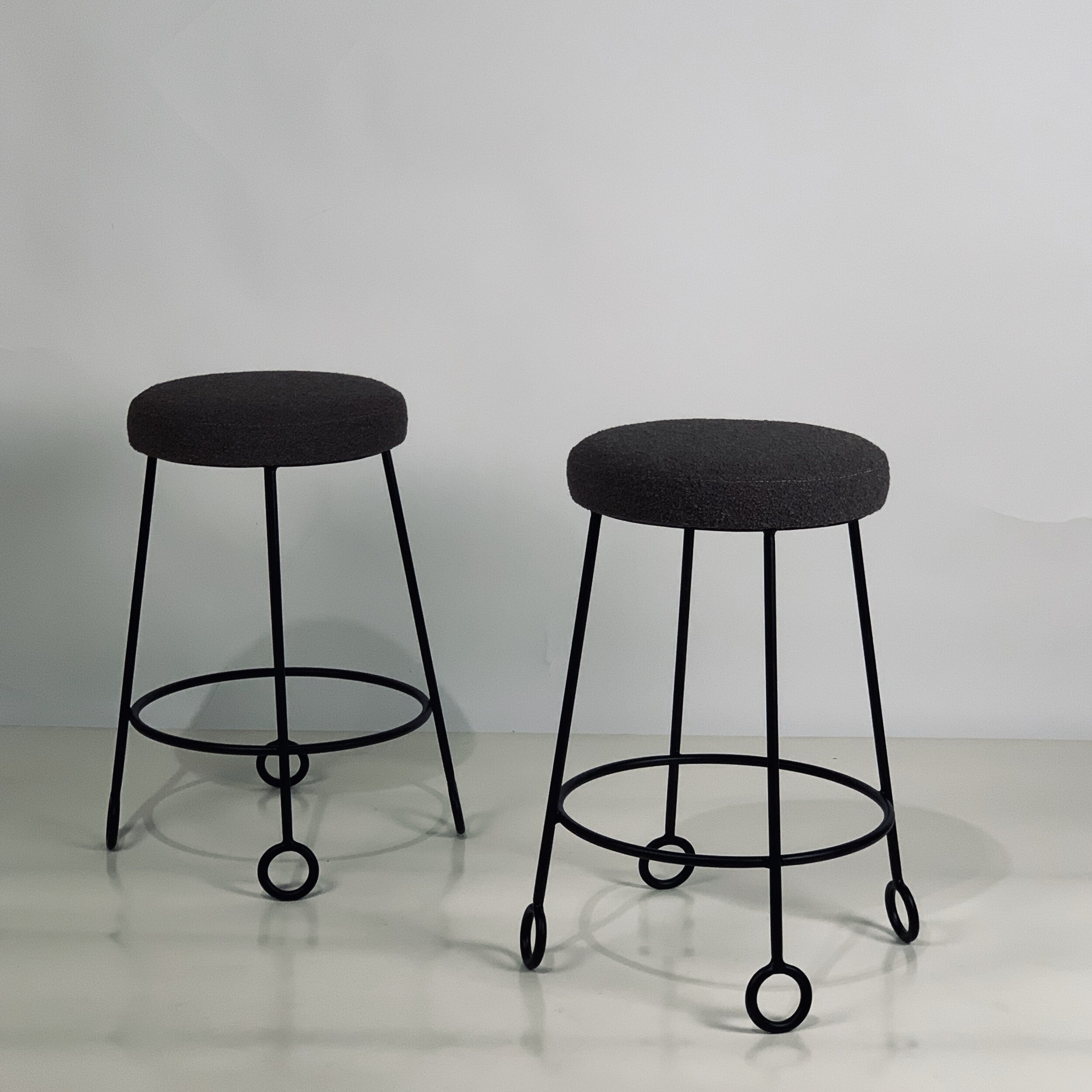 Pair of Chic Wrought Iron and Boucle Counter Stools — Blend Interiors