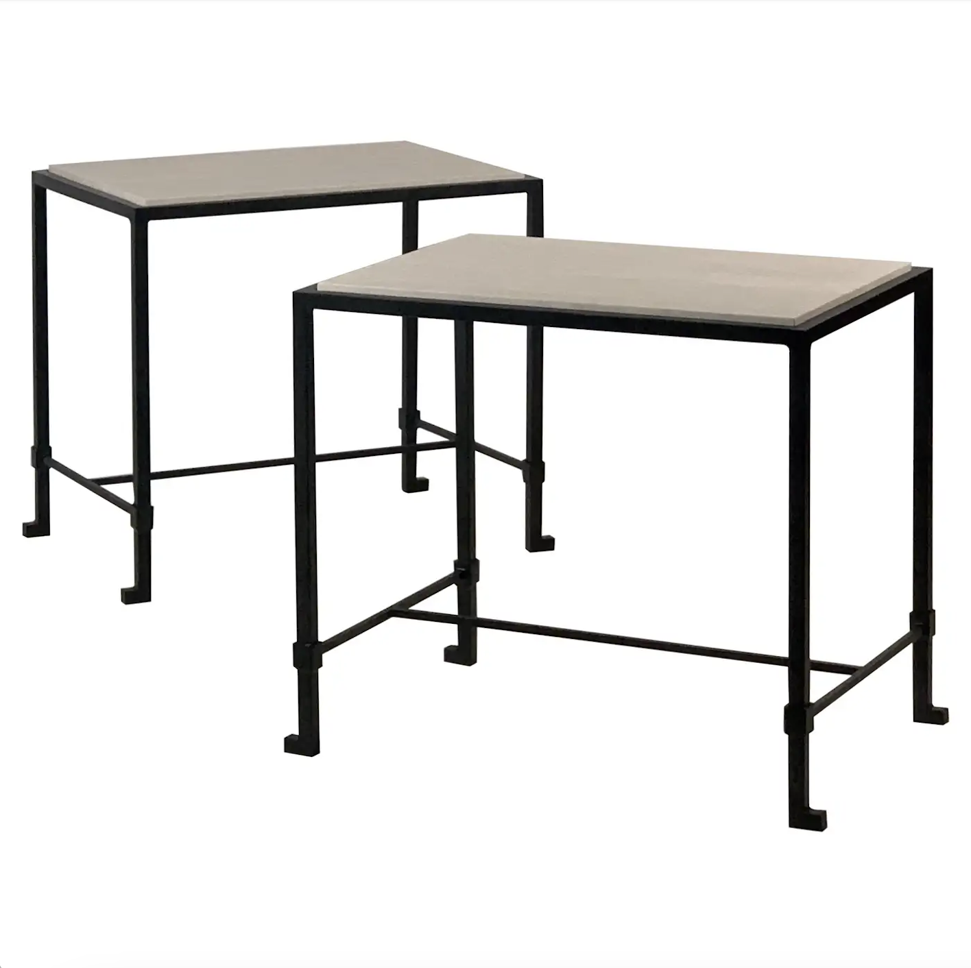Pair of 'Diagramme' Blackened Iron and Travertine End Tables by Design Frères