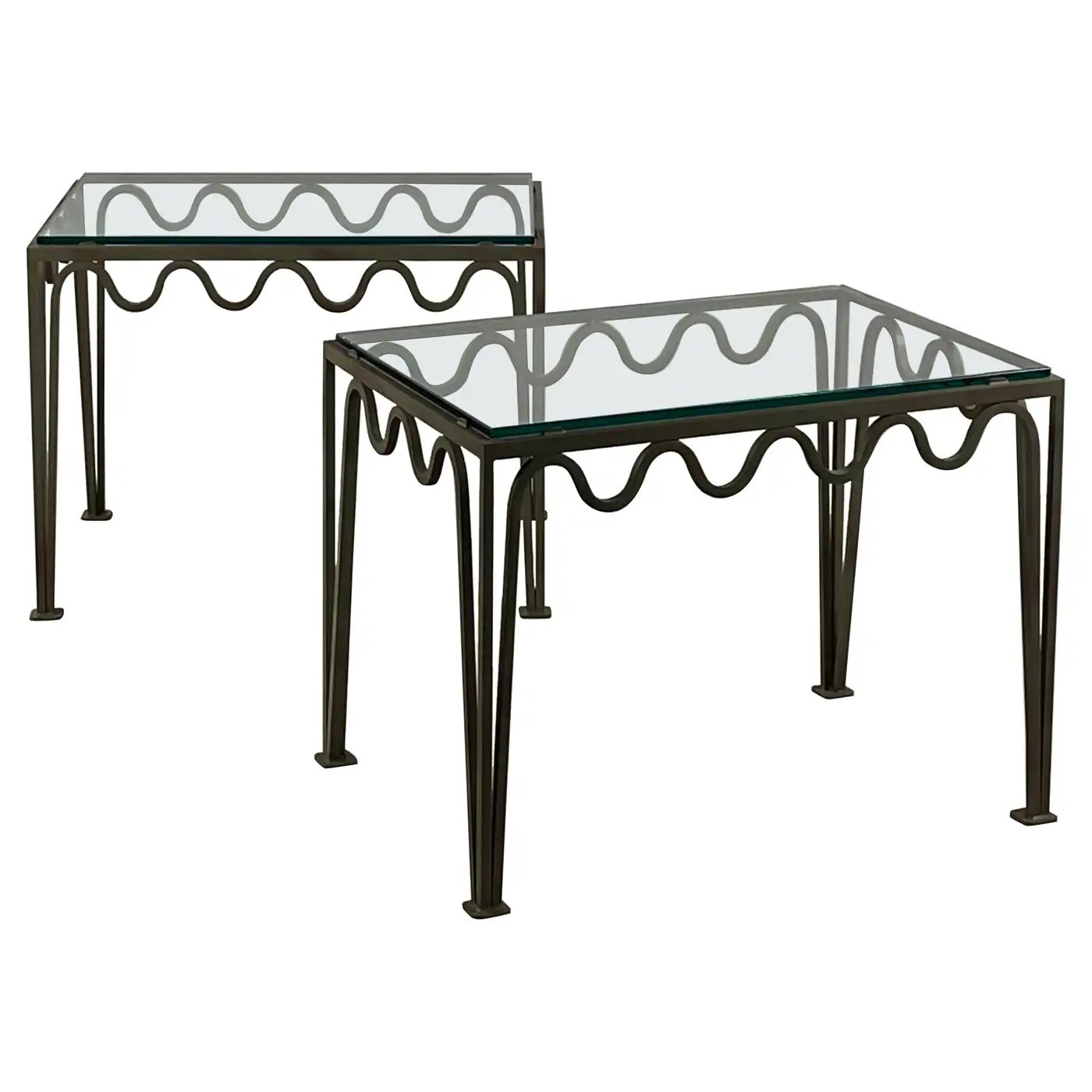 Pair of Large 'Méandre' Verdigris and Glass End Tables by Design Frères