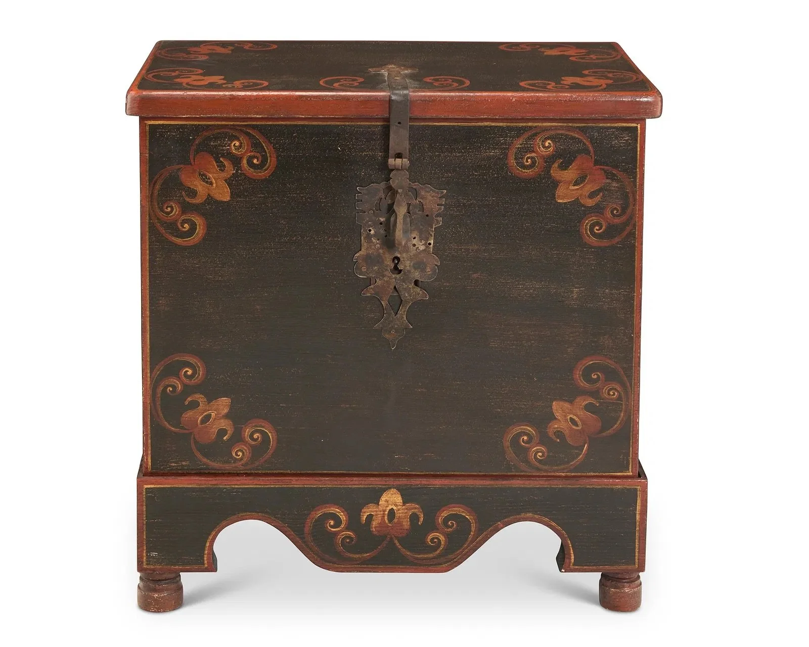 Elegant Hand-Painted Wood Chest with Wrought Iron Clasp