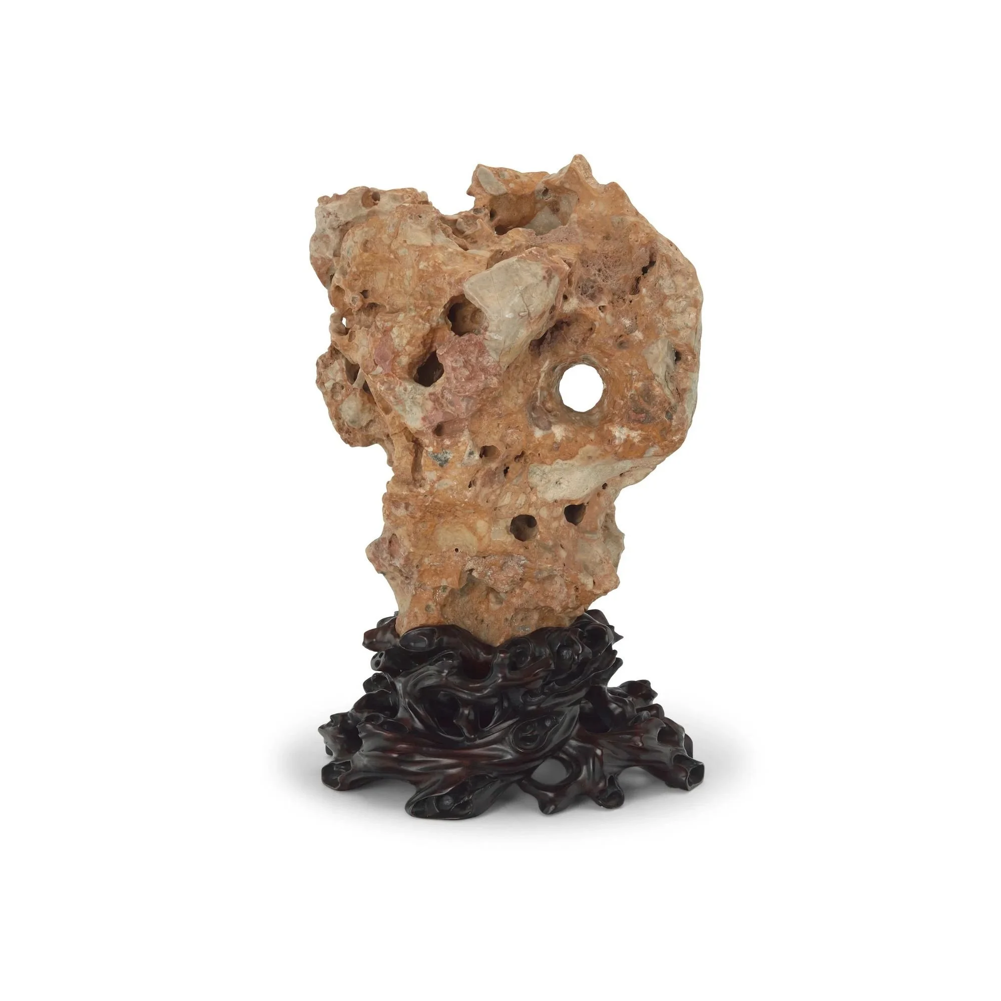 Large Chinese 'Taihu' Scholar Stone on Custom Carved Wood Stand