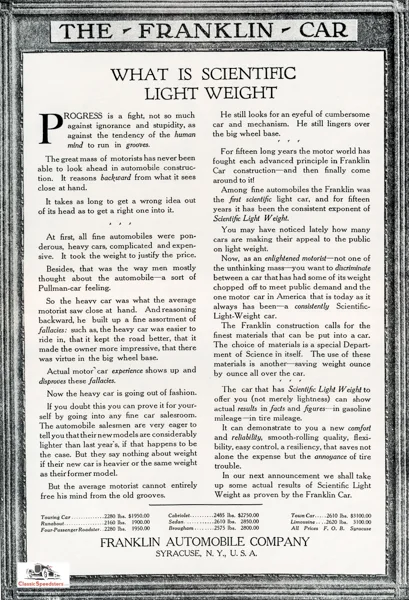 1917 Franklin ad as it appeared in automobile journals
