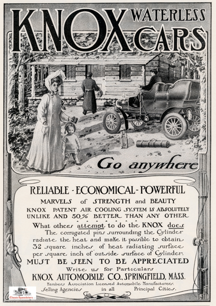1904 Knox ad. Note the placement of Baby and Mom, gun, and fishing rod. “Go Anywhere” capstones the image.