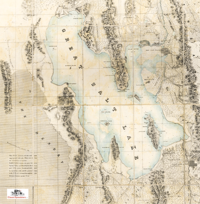 1852 rendition of the Great Salt Lake area of the Utah Territory. In the lower right is what would become Salt Lake City; 120 miles due west (on what would become the Lincoln Highway) was a train whistle stop known as Salduro, near West Wendover and the border with the Nevada Territory. This is the location of the salt flats used for landspeed racing. Library of Congress