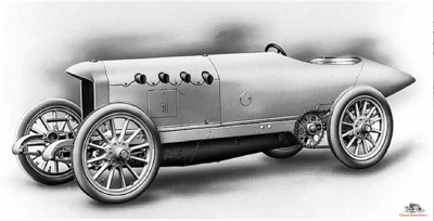 1909 Blitzen Benz, factory illustration. Purpose-built track speedster: four cylinders, 1311 cubic inches, 200 horsepower. Wow!