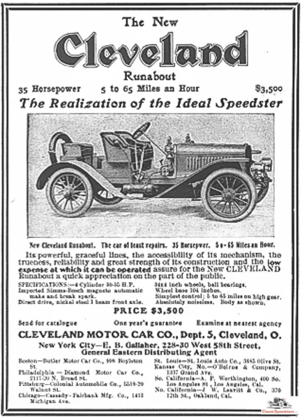 1906 Cleveland Speedster. Examples at this point had yet to differentiate from their more sedate siblings such as a doctor’s runabout. This would change soon. Ad courtesy AACA Library