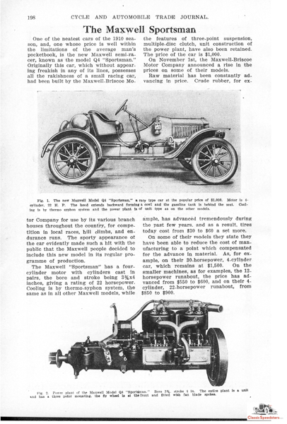 Typical news of the day in weekly automotive journals, this article discussed in some depth the 1909 Maxwell Sportsman. Article courtesy HCFI Archives