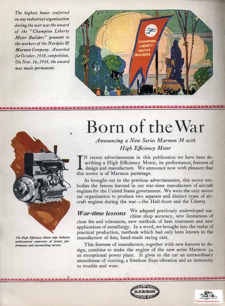 1919 Marmon ad featuring its Liberty Engine Award. Marmon was famous for its engineering accuracy and machine fabrication tolerances. ad courtesy HCFI.org
