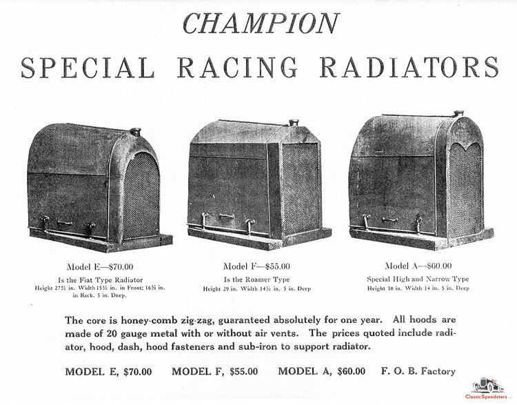 Accessories abounded, like these Champion radiators for the Ford model T speedster.