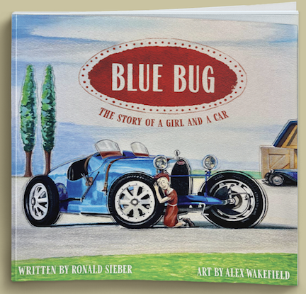 The cover of Blue Bug, a children's book about a young girl who adores a classic Bugatti racer.