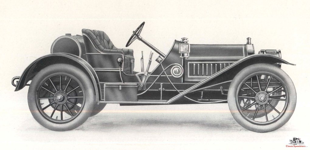 The 1908 Amplex Runabout ran on a 117-inch wheelbase chassis and was motivated by a four-cylinder two-stroke engine.