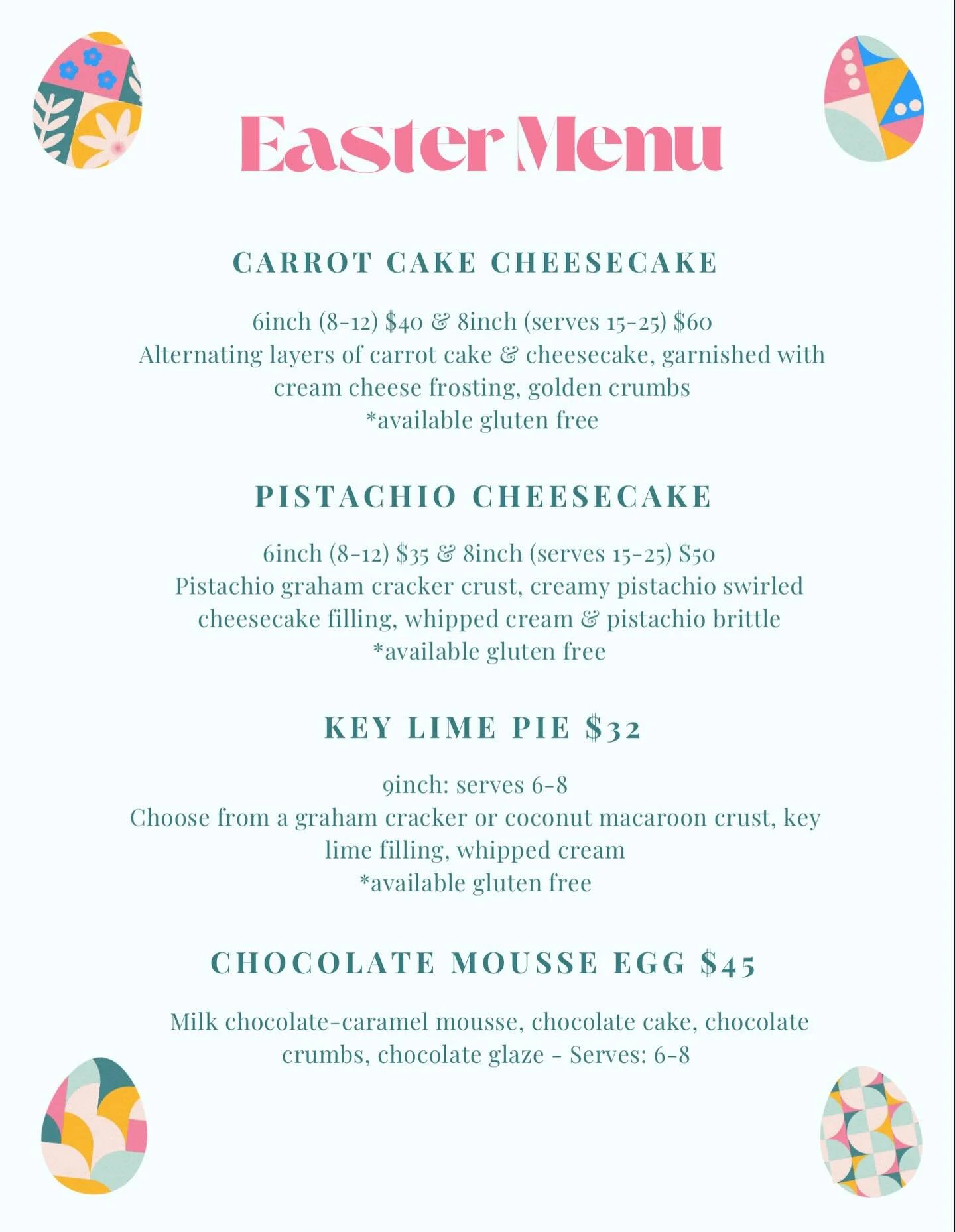 Easter is Sunday, April 5th this year! Head on over to our &lsquo;Order Ahead&rsquo; section on our website and select &lsquo;Easter Menu&rsquo;! Pick-ups will be Saturday, April 4th 9am-2pm!
