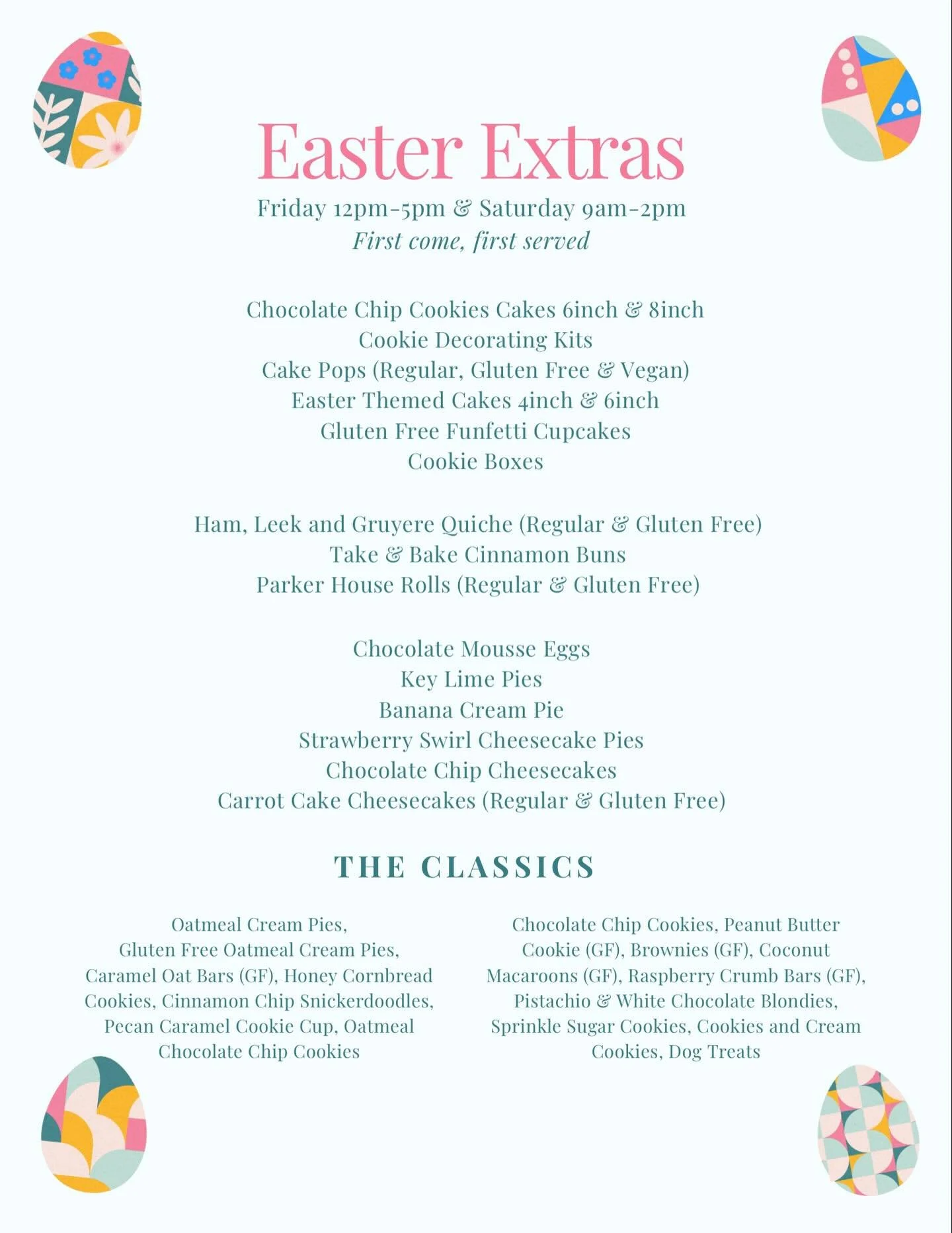Lots of extras for Easter this weekend! Parker house rolls will only be available on Saturday! 🐣
