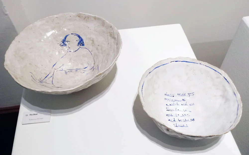 Rebbecca Brown . Two stoneware bowls from her series of work that addresses 'old wives tales' and 'superstitions' concerning witchcraft. Brown travelled to the coastal villages of Norway to research folkloric tales there also. (Photo: Ian McKay)