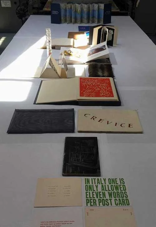 The Artists' Book Historicized – a small selection from Déirdre Kelly's collection , which she regularly presents to groups as a means to highlight the medium's importance. Most recently she has shown her collection at the University of Bologna, and Scuola Internazionale di Grafica, Venice, which has also hosted presentations of artists' book for students of Indiana University and other graphic arts institutions. (Image: © Dérdre Kelly, 2018).