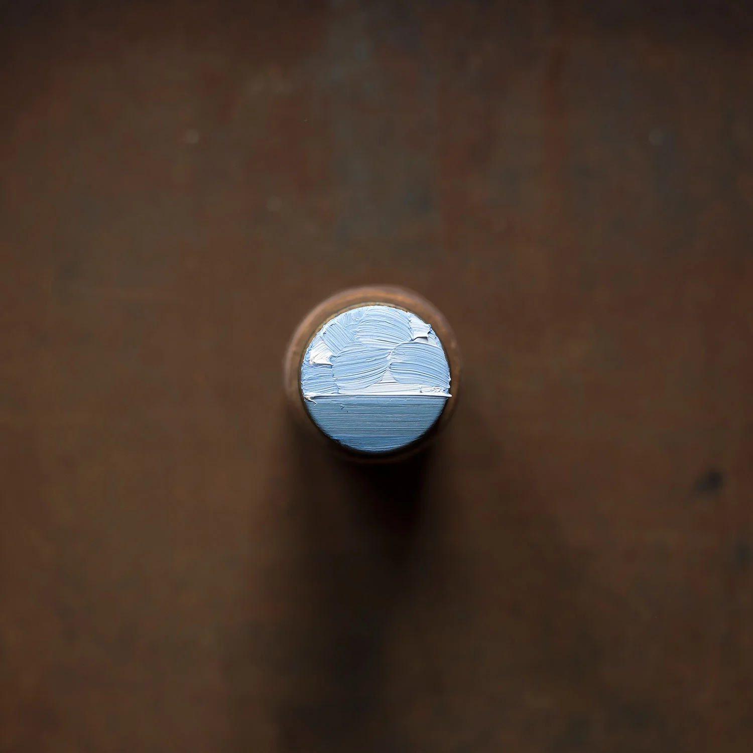 David Cass , Arctic (2017) oil on stacked cylindrical pill tin and thread spool, H:10cm W:4cm