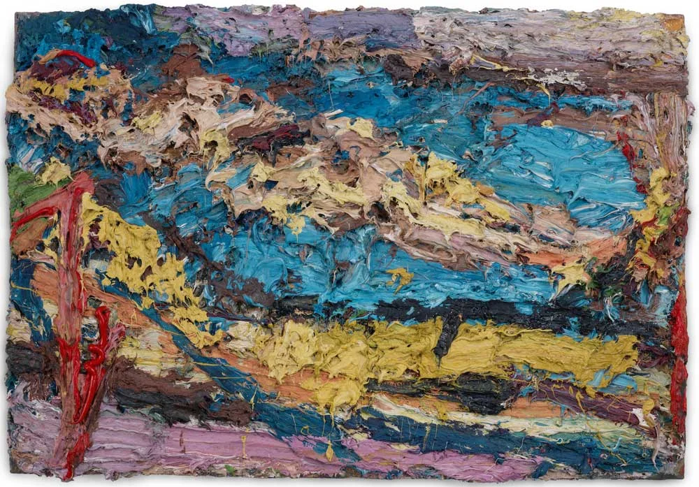 Frank Auerbach , E.O.W. on her Blue Eiderdown V , 1963, oil on board 57.5 by 83 cm.