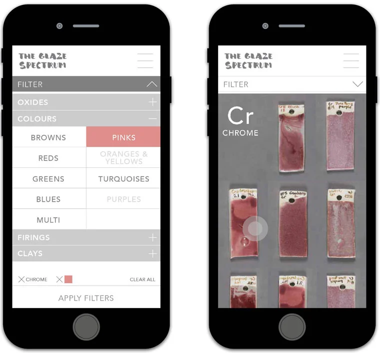 The Glaze Spectrum website mockups for mobile devices, here showing the search filter options to help ceramicists find glaze recipes and data on the open source application.