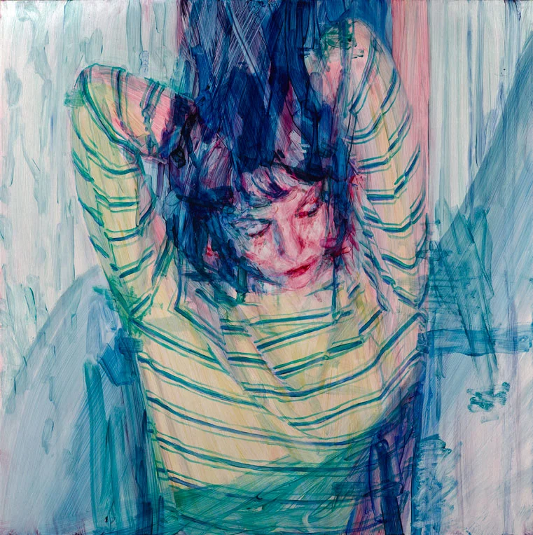 Casper White , I'll Be Waiting (Emma), Mallorca . Oil on Stainless Steel, 125 x 125 cm. (Photo: courtesy Arusha Gallery)