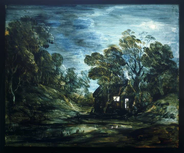 Thomas Gainsborough , Cottage in Moonlight , Oil on Glass, 28 x 33.6 cm. (courtesy the Victoria & Albert Museum).