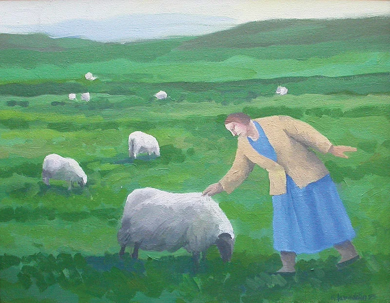 Karólína Lárusdóttir , ‘Woman Pats the Sheep’, 35 x 45cm, oil on canvas (Courtesy The Castle Gallery)