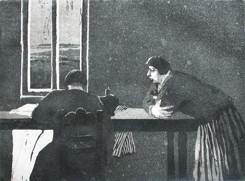 Karólína Lárusdóttir , ‘Saumakonan’ (Seamstress), 15 x 20cm, etching and aquatint (Courtesy The Castle Gallery)
