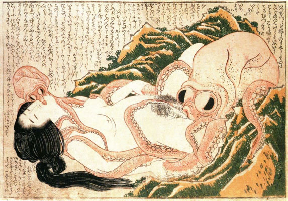 Katsushika Hokusai , The Dream of the Fisherman's Wife (1814), included in Kinoe no Komatsu , a three-volume book of shunga erotica (above). The work depicts a young ama (pearl) diver entwined sexually with a pair of octopuses. Ilona Szalay , Angry Octopus, 2014, Oil and resin on board, 200 x 150cm, © The Artist. (not in exhibition).